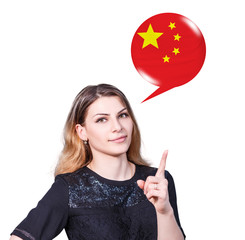 Woman point on the bubble with german flag
