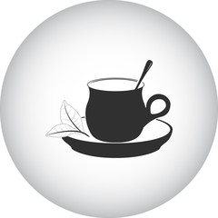 Teacup with saucer and tea leafs simple icon on round background