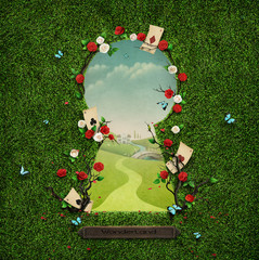 Beautiful green background with roses and cards in keyhole - obrazy, fototapety, plakaty