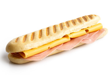 Cheese and ham toasted panini. Isolated on white.
