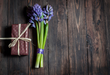 blue striped hyacinth flowers and present on wooden surface with copy space