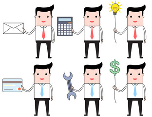 Set of cartoon businessmen carrying different objects