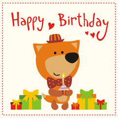 cute little fox in red hat and bow with happy birthday cake in hand, happy birthday card