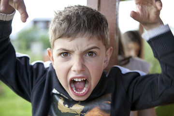 young boy is making face and gesturing with hands as if he is go