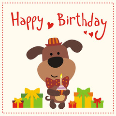 cute puppy in red hat and bow with happy birthday cake in hand, happy birthday card