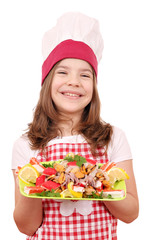 happy little girl cook with seafood