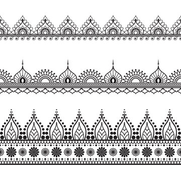 Naklejka Border line lace mehndi elements in Indian style for card and tattoo isolated on white background.
