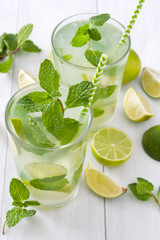 Summer drink. Fresh mojito with lime and mint. Blue background
