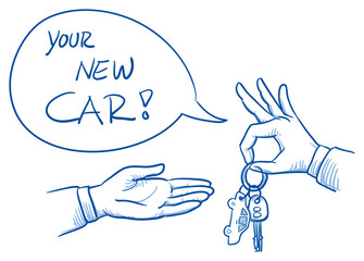 Hand of business man giving car keys to customer with speech bubble. Hand drawn vector cartoon Illustration