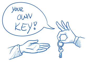 Hand of business man giving keys to customer with speech bubble. Hand drawn vector cartoon Illustration