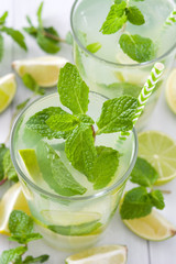 Summer drink. Fresh mojito with lime and mint. Blue background
