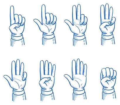 Set of business man hands showing different numbers, counting, pointing, fist. Hand drawn vector cartoon Illustration