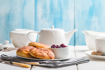 Cottage cheese pancakes with cherry sauce