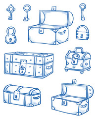 Set of different wooden boxes and treasure chests, open and closed, locks an keys hand drawn vector illustration.