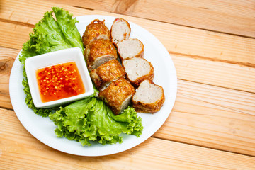 Deep fried prawn meat rolls.