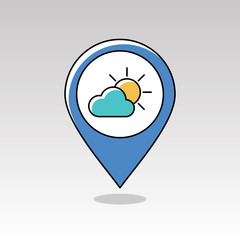 Sun and Cloud pin map icon. Meteorology. Weather