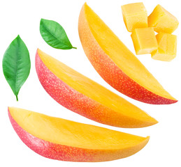 Fototapeta na wymiar Slices of mango fruit and leaves over white. File contains clipp