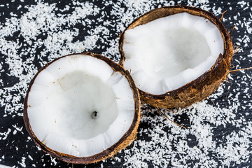 Two halves of coconut macro