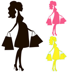 vector illustration of modern pregnant mommy, the woman does the shopping online store, logo, silhouette, stylized symbol of mother's, sale icon black on white background