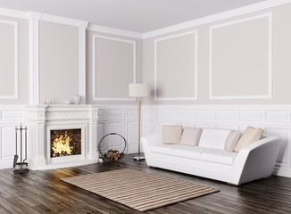 Classic interior of living room with sofa and fireplace 3d rende