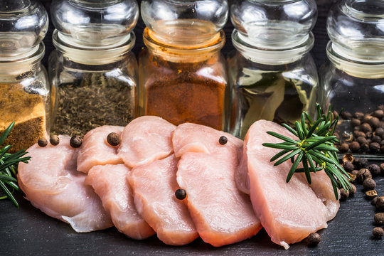 Raw turkey breast slices with spices on table.