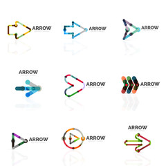 Set of linear arrow abstract logos, connected multicolored segments lines in directional pointer figures