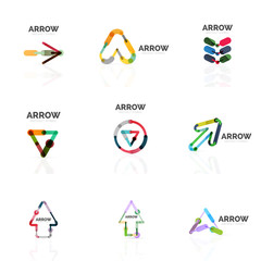 Set of linear arrow abstract logos, connected multicolored segments lines in directional pointer figures