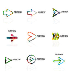 Set of linear arrow abstract logos, connected multicolored segments lines in directional pointer figures