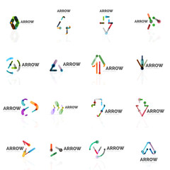 Set of linear arrow abstract logos, connected multicolored segments lines in directional pointer figures