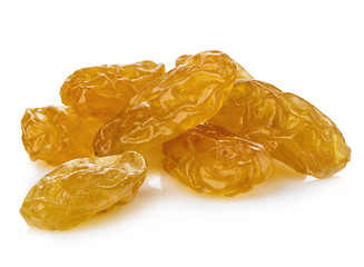 Yellow  raisins close-up isolated on white background.