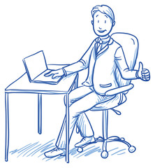 Business man smiling happy sitting at his office desk with thumb up. Hand drawn vector cartoon doodle illustration