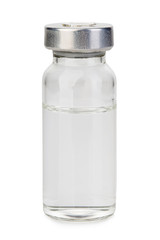 Glass vial medical close-up isolated on a white background.