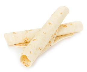 Round wheat tortillas close-up isolated on white background. Lavash.