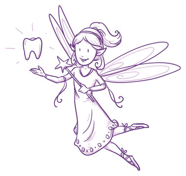 Cute little happy fairy girl flying with tooth, tooth fairy. Hand drawn vector cartoon doodle illustration