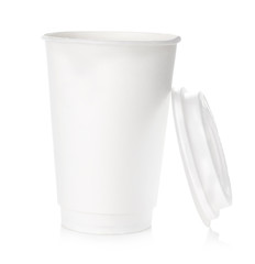 Paper cup of coffee close-up isolated on white background.