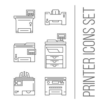 Isolated vector printer icons set. Document print equipment. Color printer on white background. Photocopier tool collection. Business copy, scan and laser print. Media industry graphic symbols.