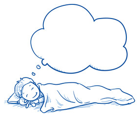Cute little boy sleeping in his bed and dreaming something. Hand drawn cartoon doodle vector illustration.