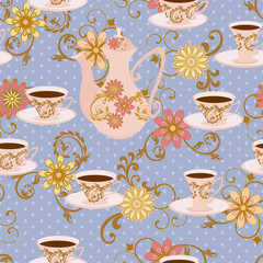 Seamless pattern with teapot, tea cups and flowers.