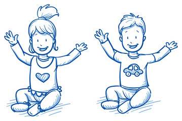 Cute little girl and boy sitting and lifting their arms happily. Hand drawn cartoon doodle vector illustration.