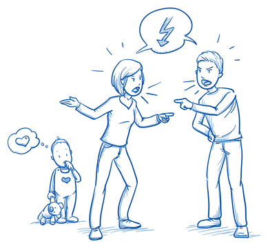 Cute little baby toddler loving his parents while they quarrel. Hand drawn cartoon doodle vector illustration.