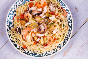 Seafood and Tomato Spaghetti. View from above, top studio shot