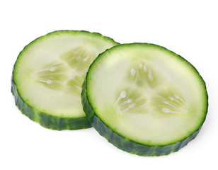 Fresh slice cucumber close-up on a white background.