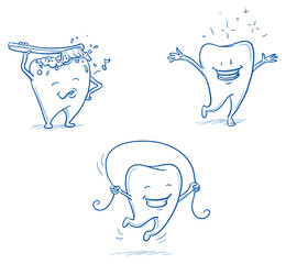Cute happy cartoon tooth being cleaned with brush, and water, jumping happy and shiny. Hand drawn line art cartoon vector illustration.