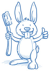 Cute cartoon bunny with shiny teeth, holding a toothbrush, showing thumb up. Hand drawn line art cartoon vector illustration.