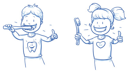 Two cute cartoon kids, brushing their teeth. Hand drawn line art cartoon vector illustration.