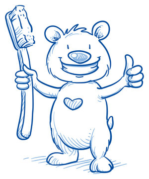 recommend clip art: Cute cartoon bear with shiny teeth, holding a toothbrush, showing thumb up. Hand drawn line art cartoon vector illustration.