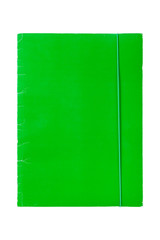 Old, green folder with rubber band on a white background