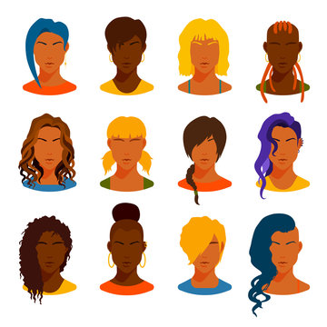 Flat icons collection of various women with stylish haircuts and color hairs. Modern design vector illustration avatars set. Isolated on white background.