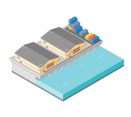 A vector illustration of an isometric pier with storage containers.
Wharf with industrial warehouses and containers.