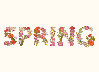 Word SPRING of colorful floral font